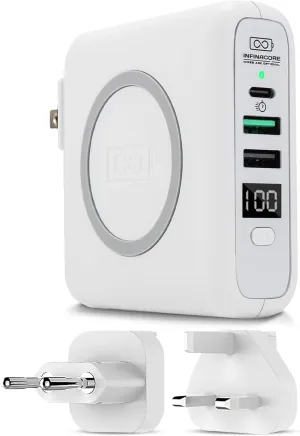 InfinaCore P3 8000mAh Portable Charger - 4-in-1 Fast Charging Power Bank Compatible w/iPhone - 18W Qi-Compatible USB C Charger Block w/UK/EU Adapters - Travel Battery Pack w/Foldable Plug - White