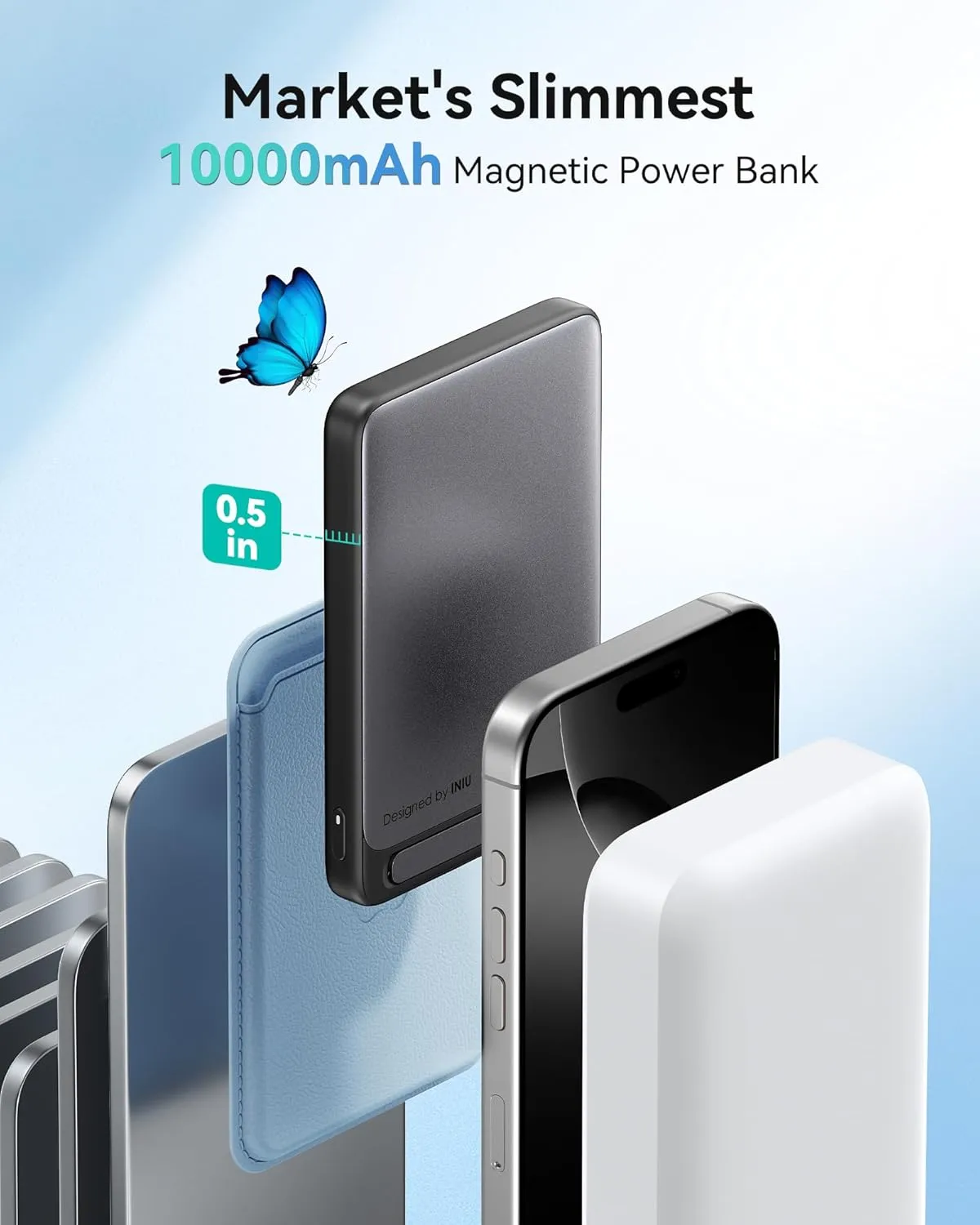 INIU Magnetic Portable Charger, Ultra Slim Qi2 Certified 10000mAh 45W Fast Charging Power Bank, Wireless Battery Pack with Foldable Stand, Phone Charger Only for iPhone 16/15/14/13/12 Series, Blue