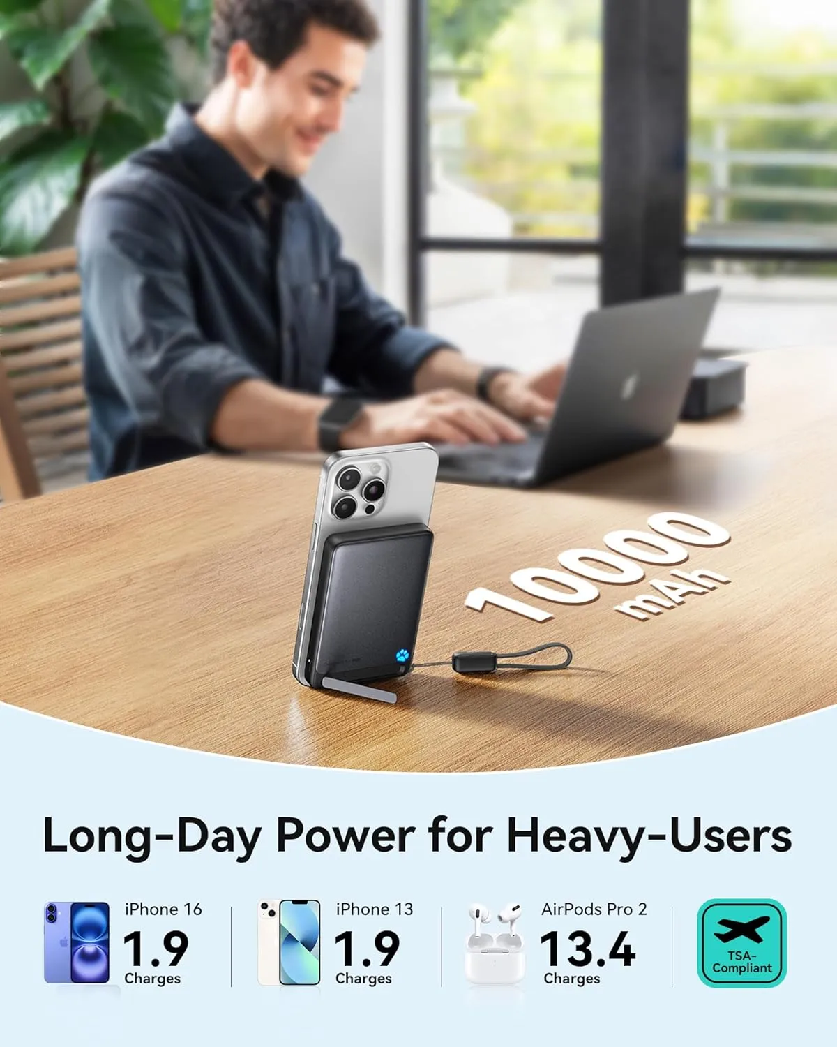 INIU Magnetic Portable Charger, Ultra Slim Qi2 Certified 10000mAh 45W Fast Charging Power Bank, Wireless Battery Pack with Foldable Stand, Phone Charger Only for iPhone 16/15/14/13/12 Series, Blue