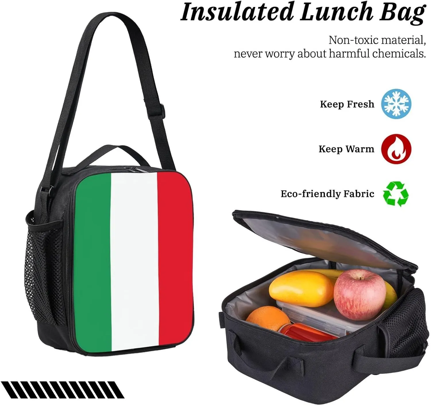 Italian Flag Backpack Crossbody Lunch Bag Pencil Case 3Pcs Set Lightweight Double Shoulder Bag With Insulated Lunch Box Pen Bags