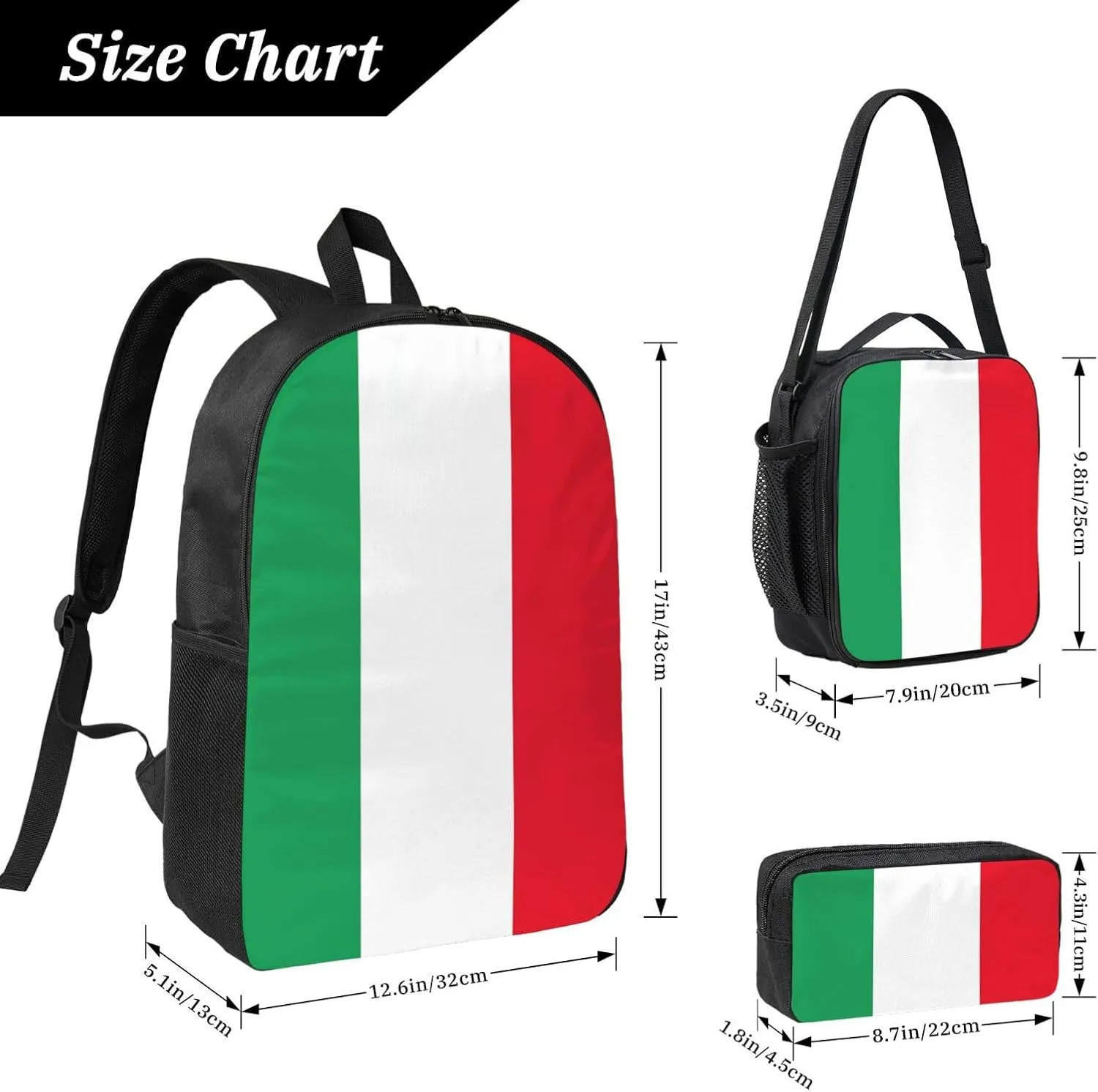 Italian Flag Backpack Crossbody Lunch Bag Pencil Case 3Pcs Set Lightweight Double Shoulder Bag With Insulated Lunch Box Pen Bags