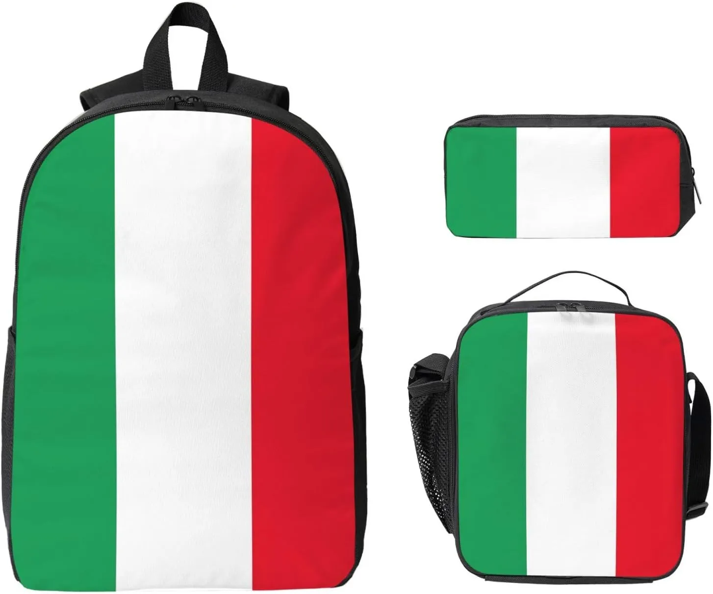 Italian Flag Backpack Crossbody Lunch Bag Pencil Case 3Pcs Set Lightweight Double Shoulder Bag With Insulated Lunch Box Pen Bags