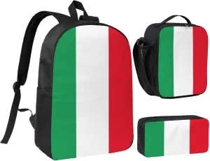 Italian Flag Backpack Crossbody Lunch Bag Pencil Case 3Pcs Set Lightweight Double Shoulder Bag With Insulated Lunch Box Pen Bags