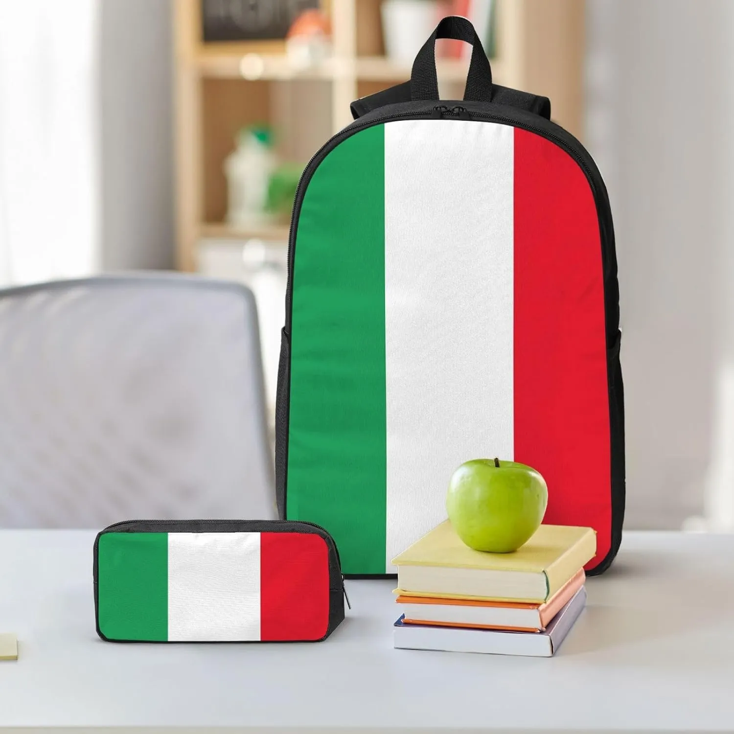 Italian Flag Backpack Crossbody Lunch Bag Pencil Case 3Pcs Set Lightweight Double Shoulder Bag With Insulated Lunch Box Pen Bags