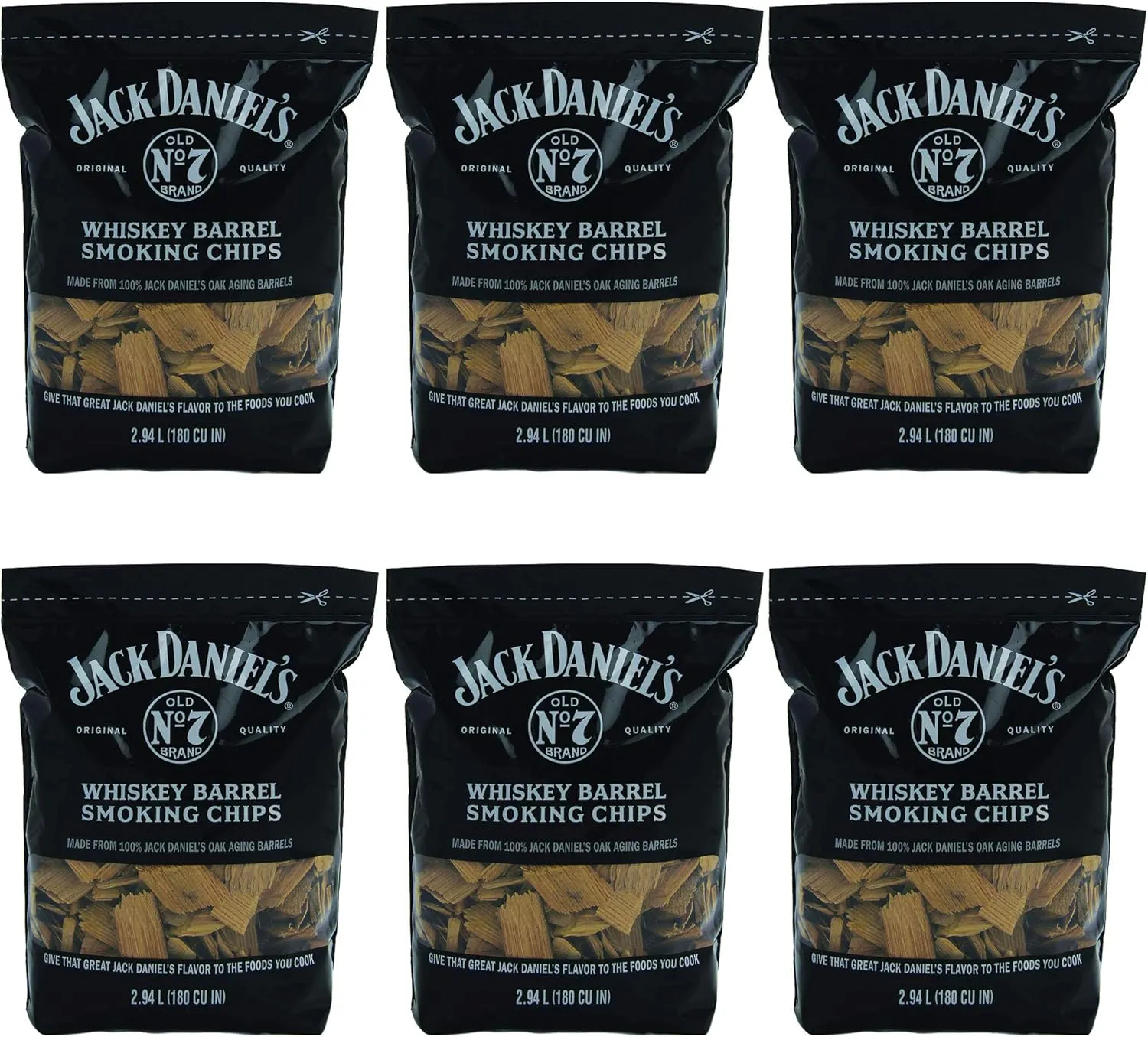 Jack Daniel's Tennessee Whiskey Barrel Smoking Oak Wood Chips for Charcoal, Gas, or Electric Grills and Smokers, 180 Cubic Inches (6 Pack)