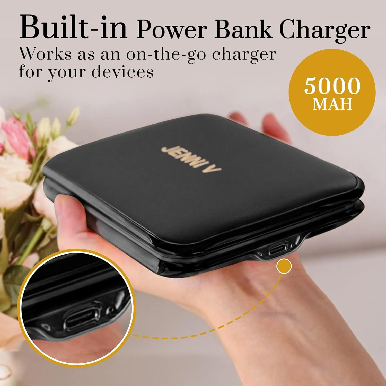 JENNI V LED Compact Mirror with Light, 5X Magnification and Power Bank Changer - Handheld Pocket Mirror - Rechargeable Travel Mirror with Light - Small Portable Makeup Mirror for Purse (Black)