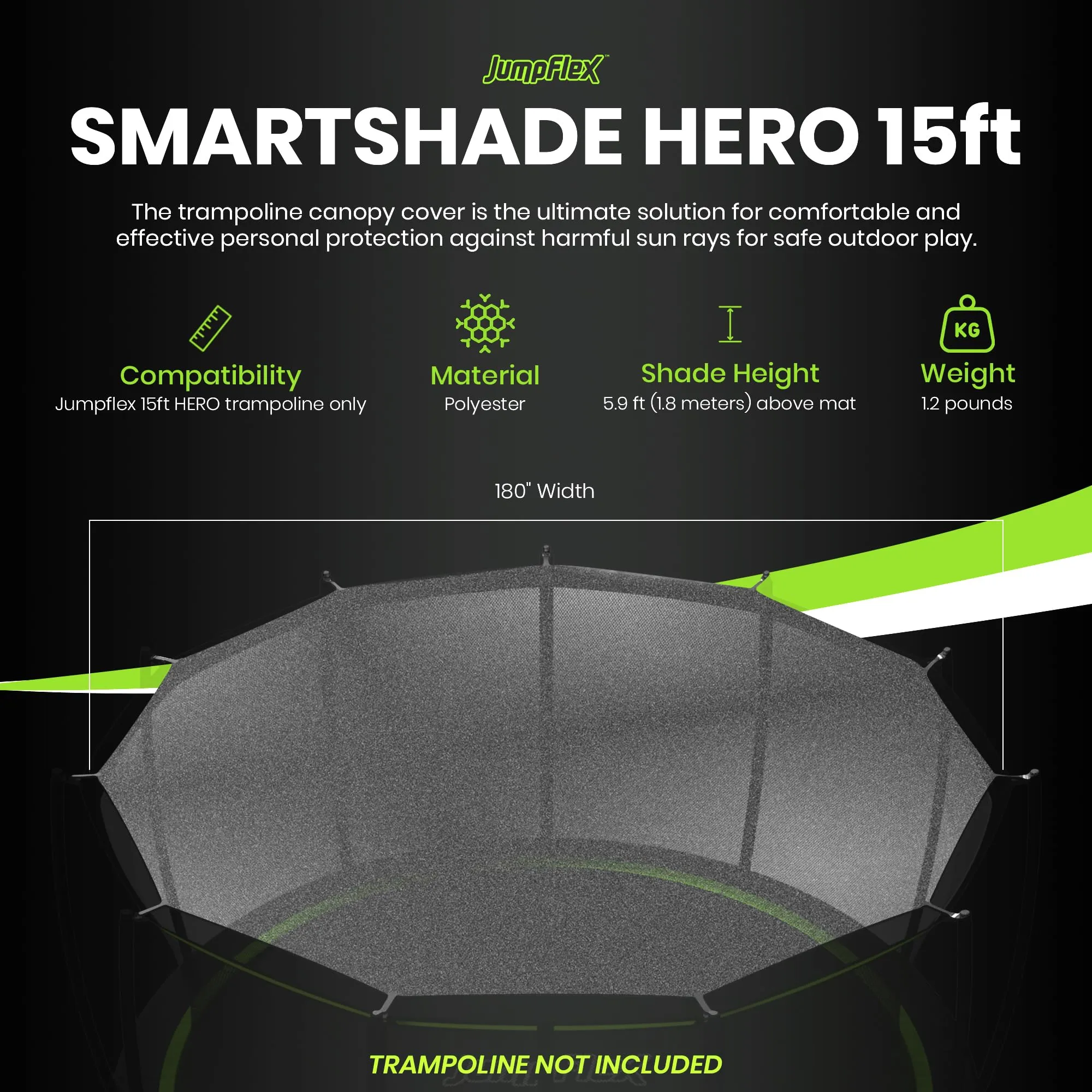 JumpFlex SMARTSHADE Soft Outdoor Trampoline Shade Canopy Cover for Sun Protection, Compatible with Hero 15' Model ONLY, Trampoline NOT Included, Black
