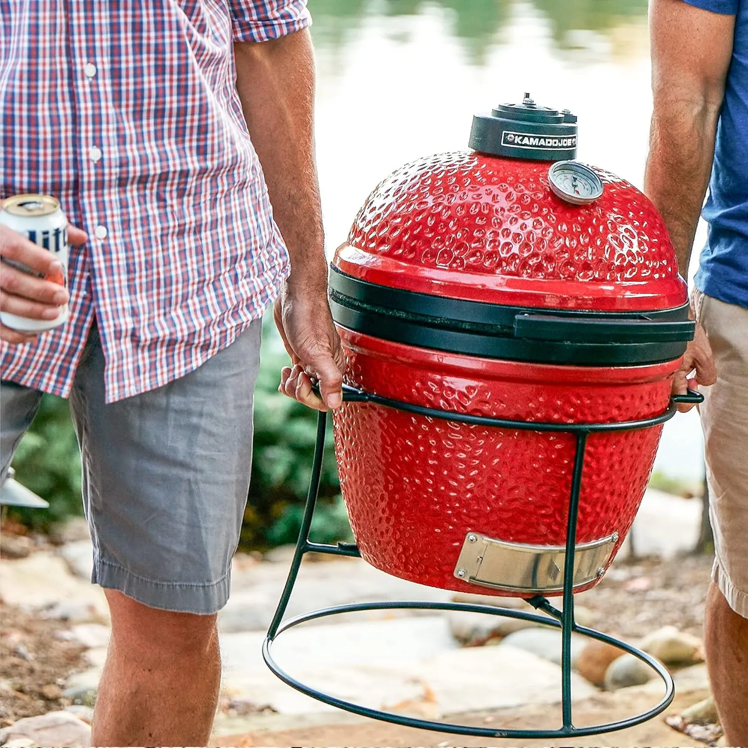 Kamado Joe Joe Jr 13.5-inch Portable Ceramic Charcoal Grill with Grill Stand, Stainless Steel Cooking Grate, Heat Deflectors and Ash Tool in Red, Model KJ13RH
