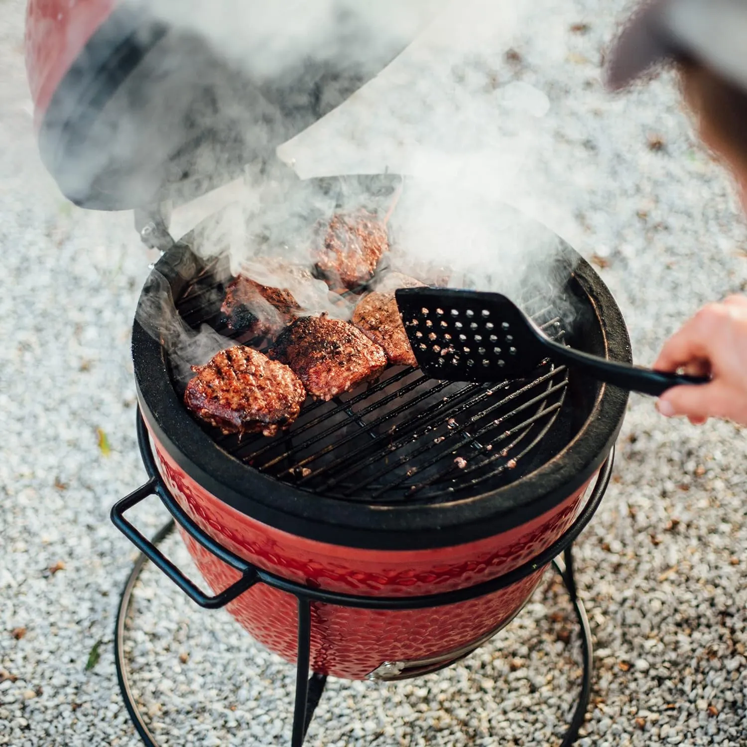 Kamado Joe Joe Jr 13.5-inch Portable Ceramic Charcoal Grill with Grill Stand, Stainless Steel Cooking Grate, Heat Deflectors and Ash Tool in Red, Model KJ13RH