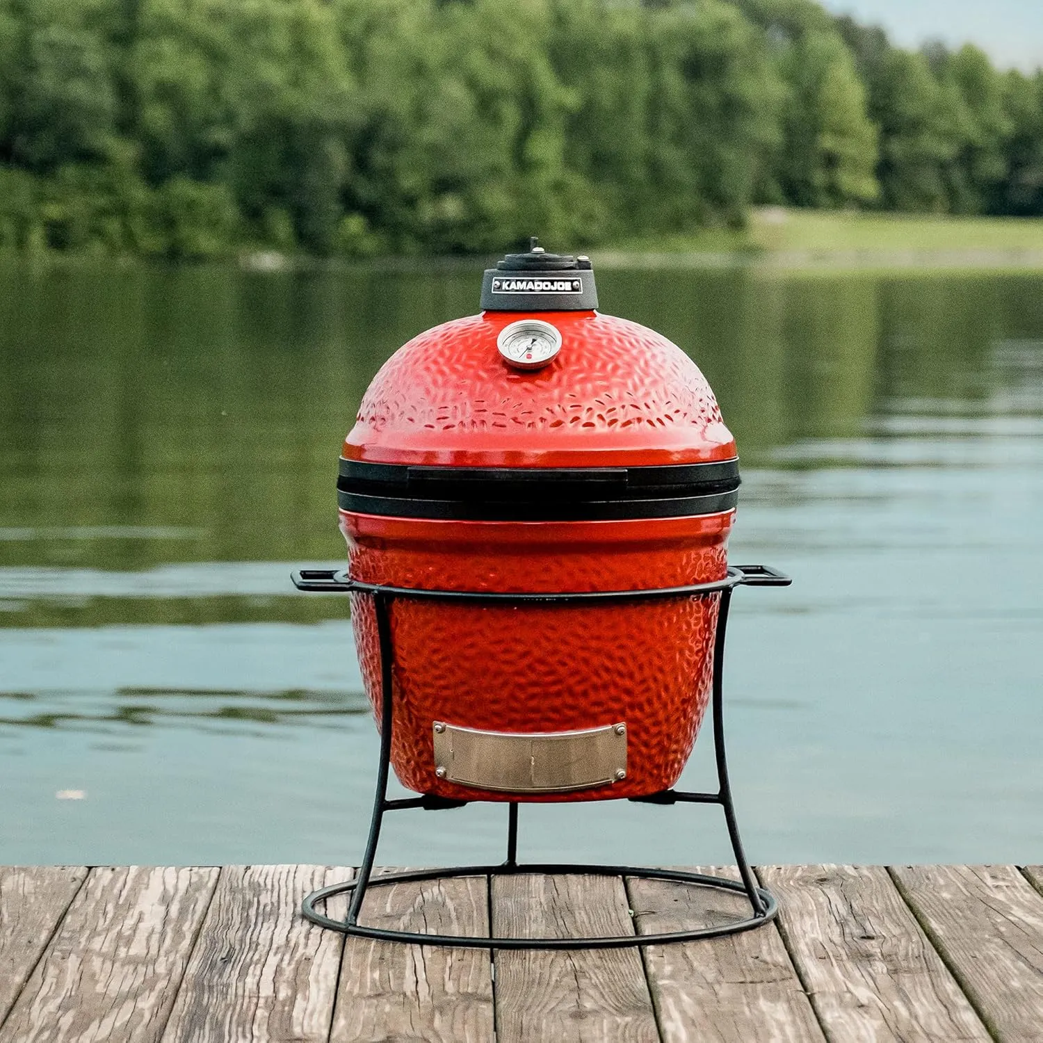 Kamado Joe Joe Jr 13.5-inch Portable Ceramic Charcoal Grill with Grill Stand, Stainless Steel Cooking Grate, Heat Deflectors and Ash Tool in Red, Model KJ13RH