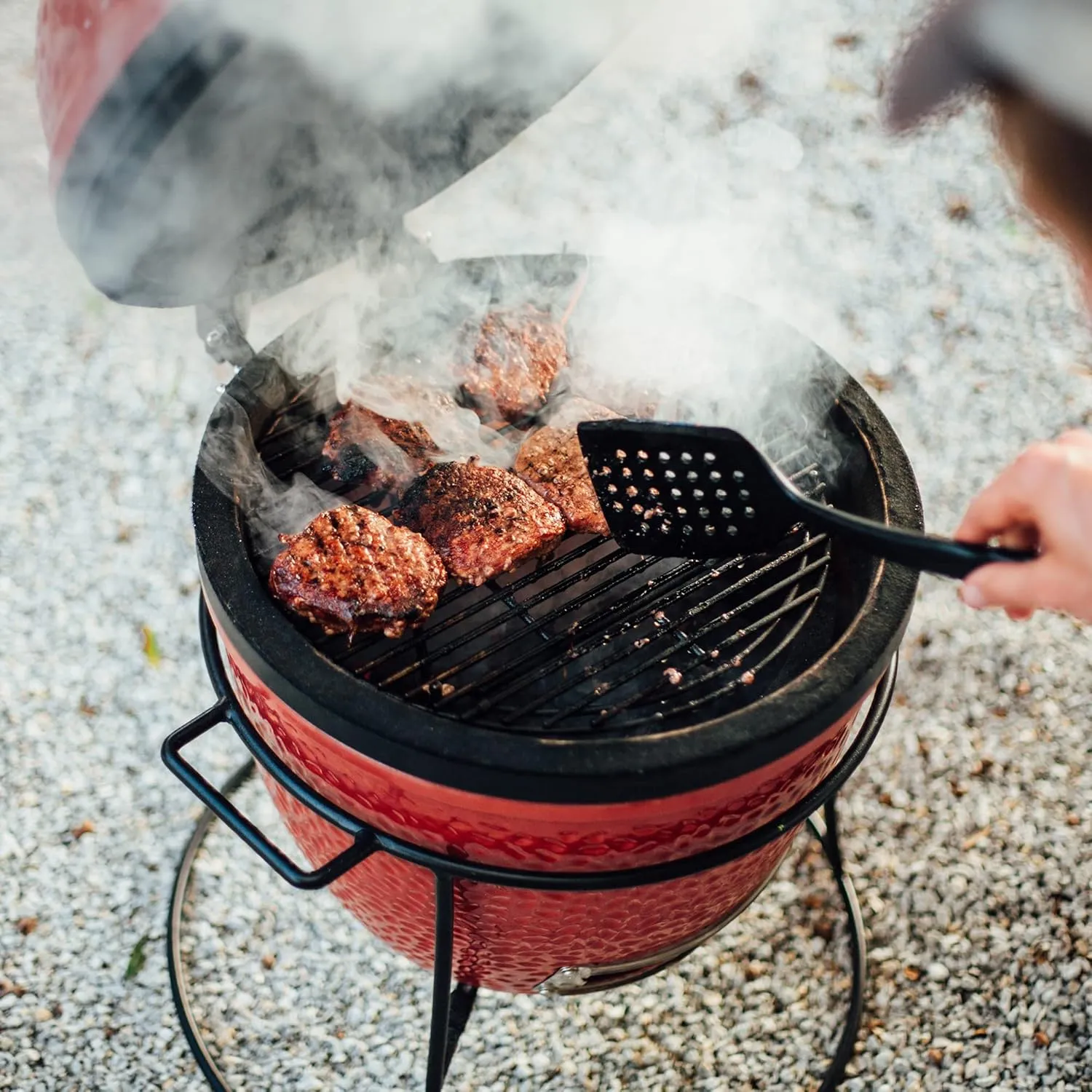 Kamado Joe Joe Jr 13.5-inch Portable Ceramic Charcoal Grill with Grill Stand, Stainless Steel Cooking Grate, Heat Deflectors and Ash Tool in Red, Model KJ13RH