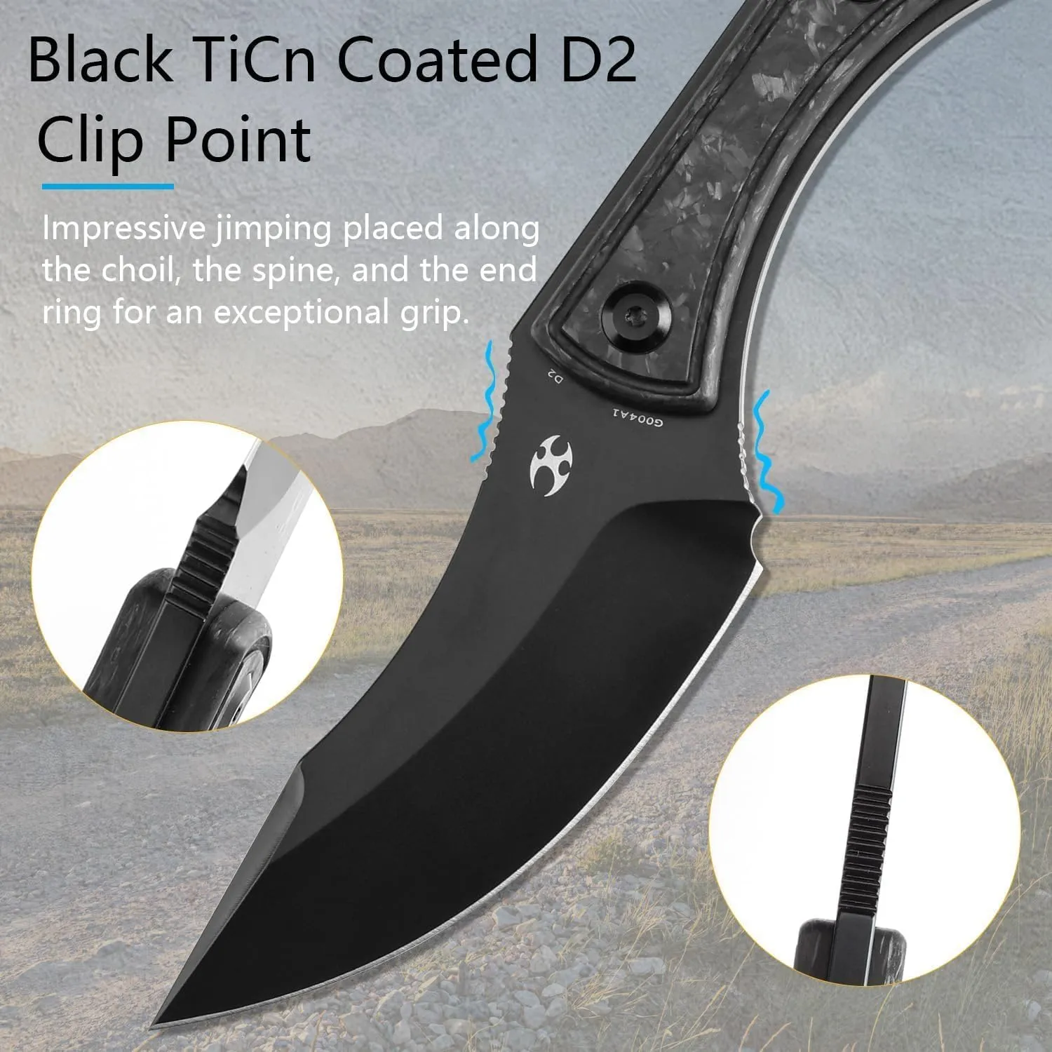 KANSEPT Niko Fixed blade Knife with Sheath, 3.54'' Black TiCn Coated D2 Blade and Carbon Fiber with Frag Pattern Handle, Adjustable Kydex Sheath for EDC, Fixed Knifes for Camping Hiking Fishing G004A1