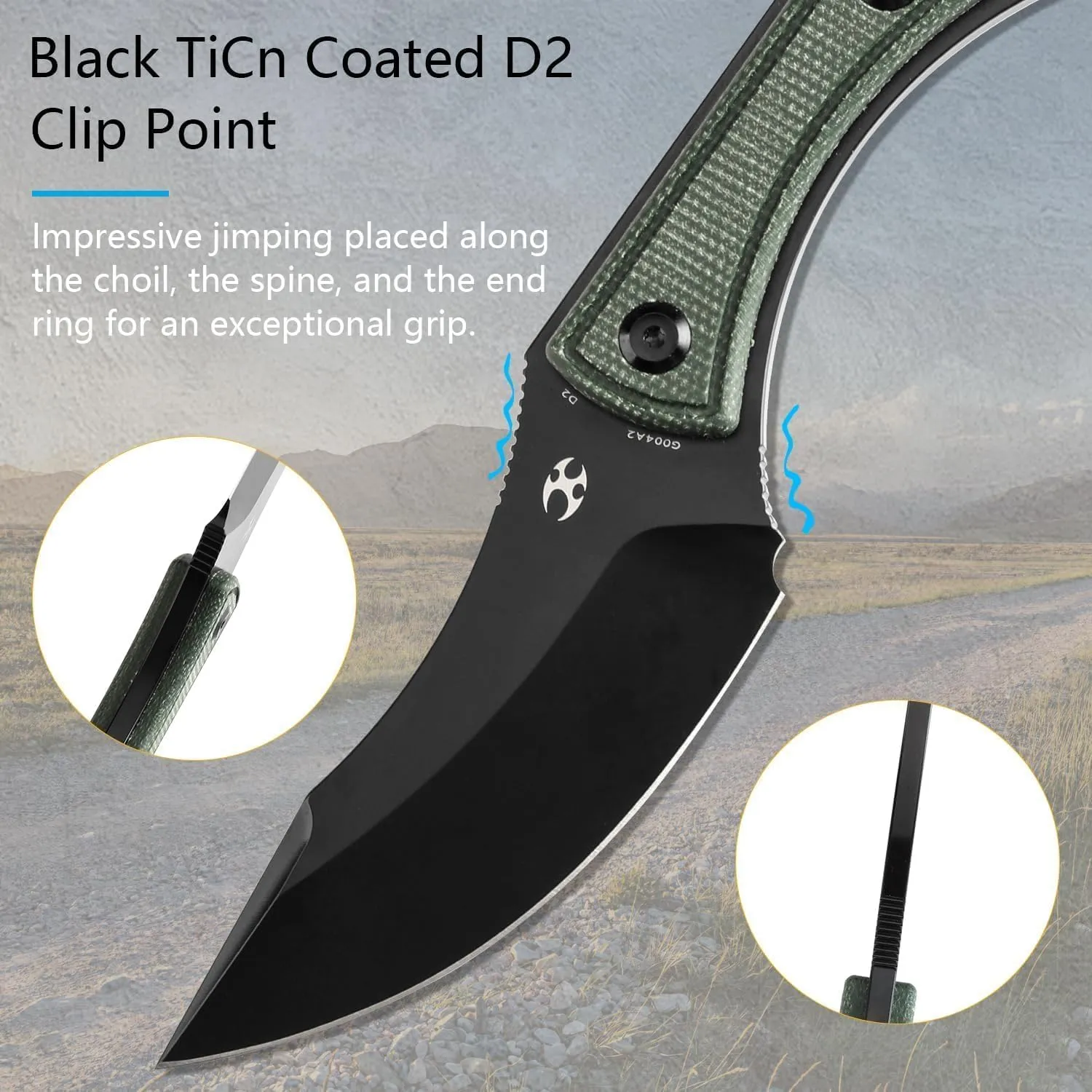 KANSEPT Niko Fixed blade Knife with Sheath, 3.54'' Black TiCn Coated D2 Blade and Green Micarta with Frag Pattern Handle, Adjustable Kydex Sheath for EDC,Fixed Knifes for Camping Hiking Fishing G004A2