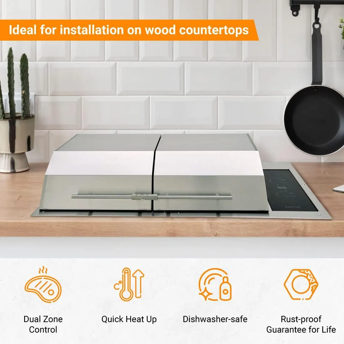 Kenyon Texan Built-In Electric Grill, UL-Approved For Indoor And Outdoor Use, Stainless Steel Body, Rust-Proof Grill, Quick Heat Up, Alternative For Gas And Charcoal Grill, Dishwasher Safe Grates