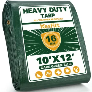 Kesfitt Tarp Heavy Duty Waterproof 10x12FT,16 Mil Thick Tarps (Green/Blue)