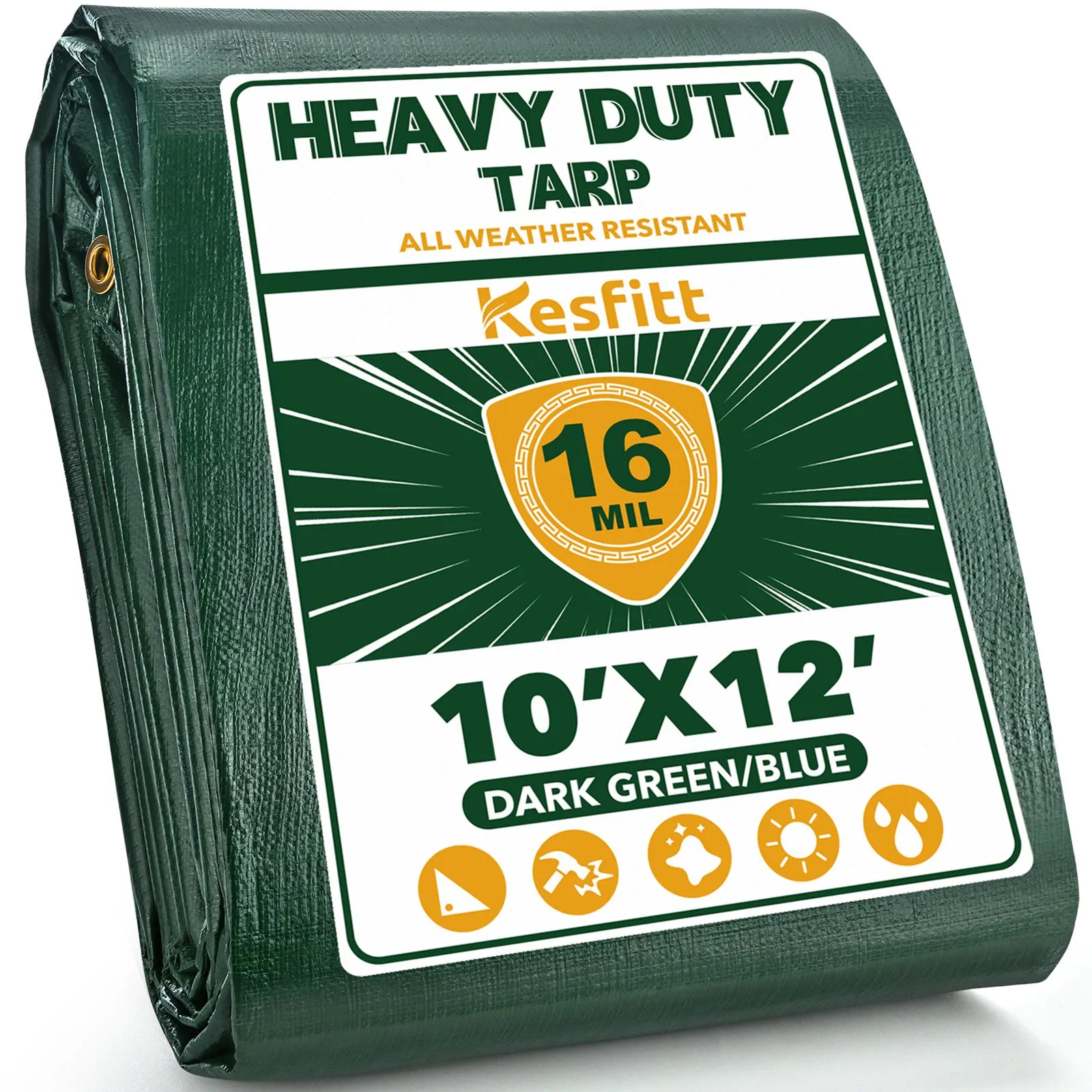 Kesfitt Tarp Heavy Duty Waterproof 10x12FT,16 Mil Thick Tarps (Green/Blue)