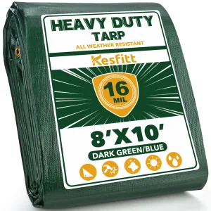 Kesfitt Tarp Heavy Duty Waterproof 8x10FT,16 Mil Thick Tarps (Green/Blue)