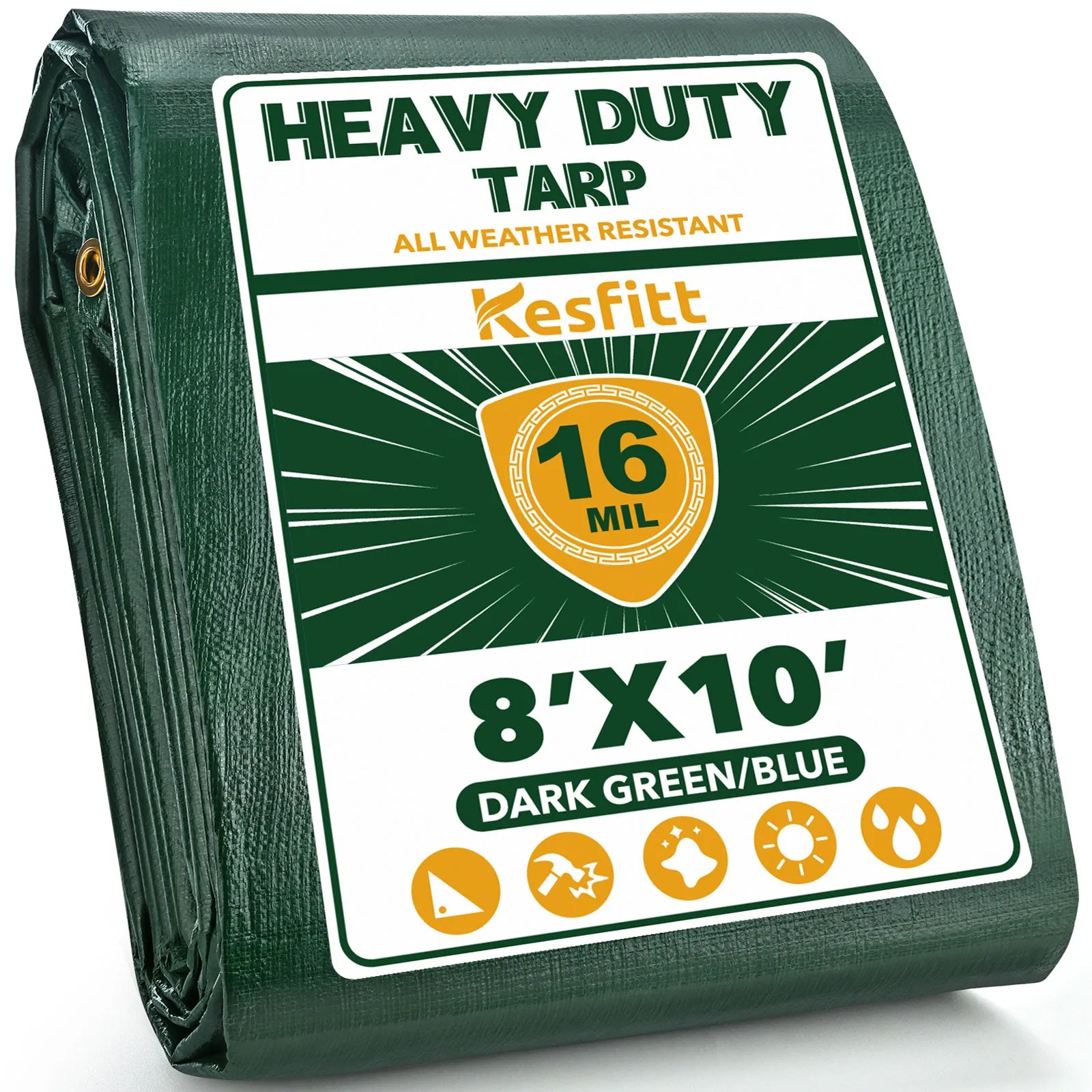 Kesfitt Tarp Heavy Duty Waterproof 8x10FT,16 Mil Thick Tarps (Green/Blue)