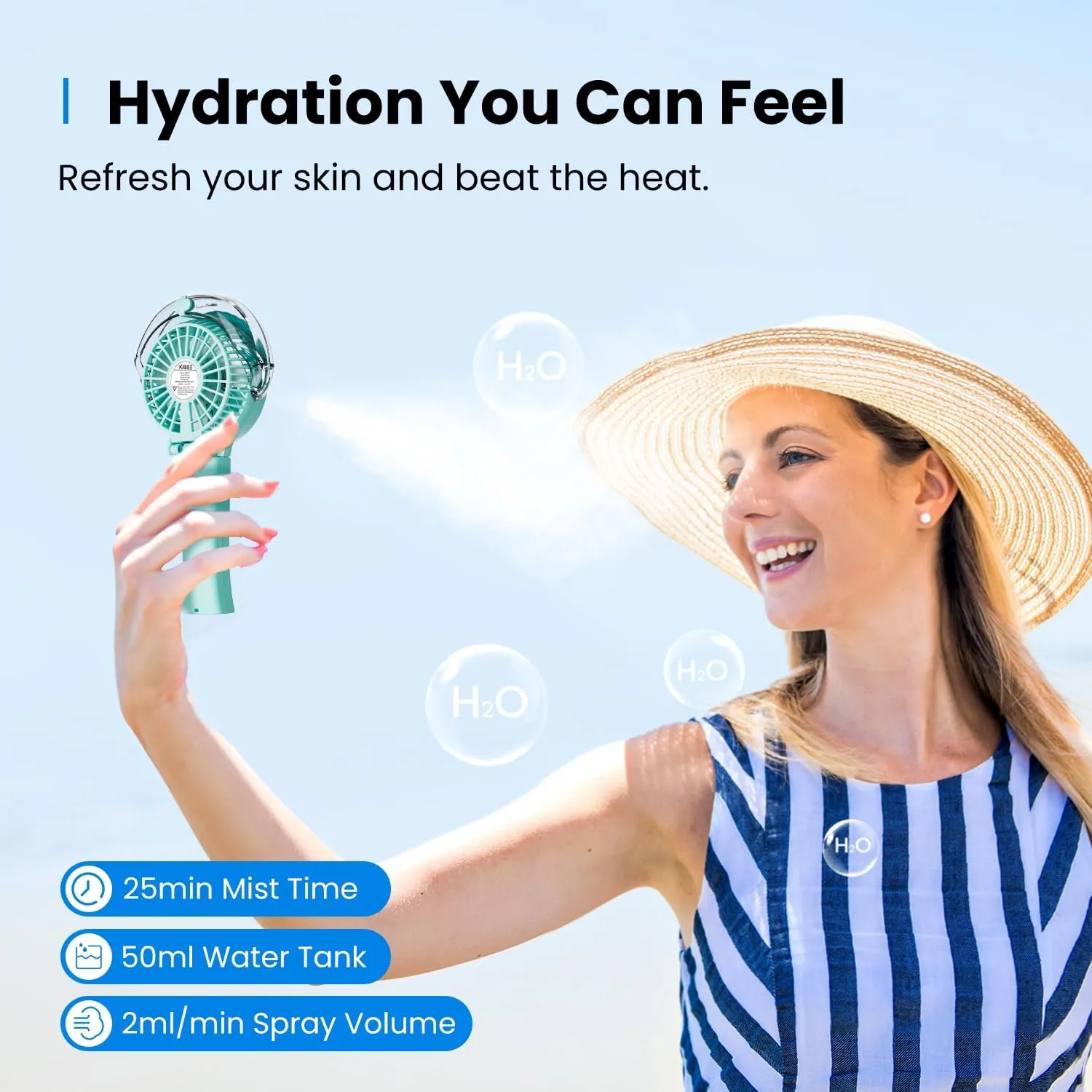 KIBEE Portable Misting Fan - 4000mAh Rechargeable, 50ml Water Tank, Foldable 180° Handheld with Mist Spray, 3-Speed Personal, Portable Charger for Travel, Outdoors, Makeup & More(Green)