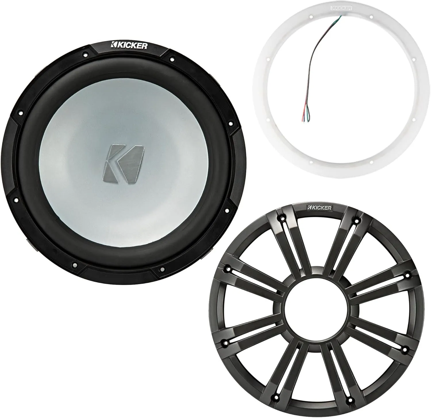 Kicker 45KM122 12 Inch Marine Subwoofer 2 Ohm Charcoal Grill with 47KLSR12 Led Lighted Speaker Ring