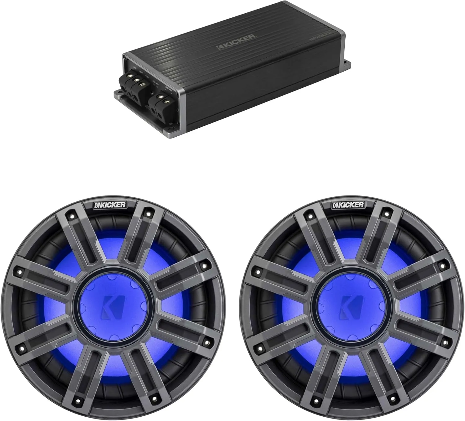 Kicker Marine KPX500.1 Powersports Amp & (2) 10" 4 Ohm Premium Marine Free-Air Subwoofer (Charcoal Grill)