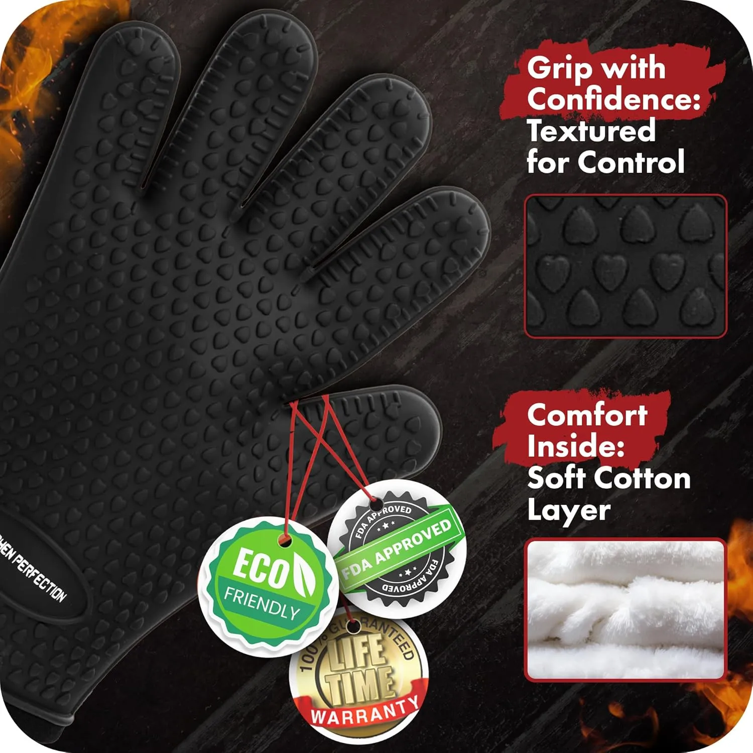 KITCHEN PERFECTION S Silicone Smoker Oven Gloves -Extreme Heat Resistant BBQ Gloves -Handle Hot Food Right on Your Grill Fryer Pit|Waterproof Oven Mitts |Superior Value Set 3 Bonuses