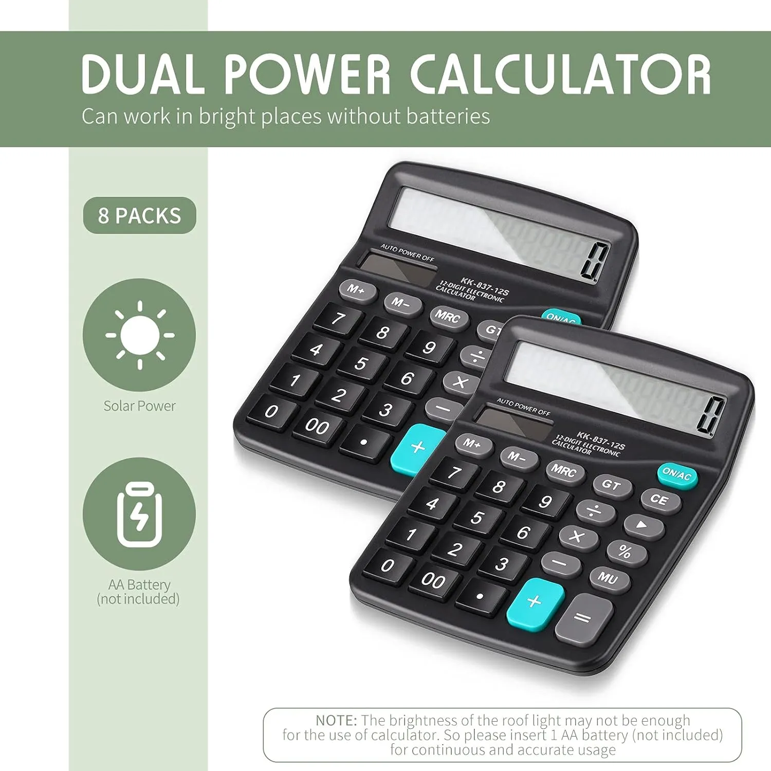 Konohan 8 Pieces 12-Digit Calculator, Solar Basic Desktop Calculator Large Display Electronic Dual Power Handheld for Home Office School(Black)