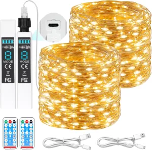 Lakumu 132FT (66FT*2) Rechargeable Fairy Lights, 200 LED String Lights Battery Operated with Remote&Timer, Waterproof Outdoor Twinkle Lights for Camping DIY Christmas Party Garden Tree, Warm White