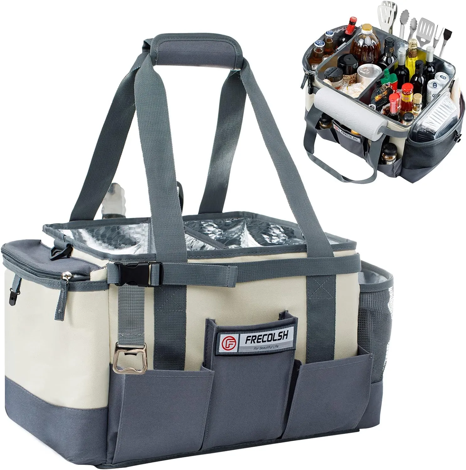Large Grill Caddy - BBQ/Tailgating Accessories, Insulated Condiment Holder - Camping, Picnic, BBQ, Tailgating, Family Gathering - Ivory-Grey, 1 Gallon, 16"W x 11"D x 11.5"H