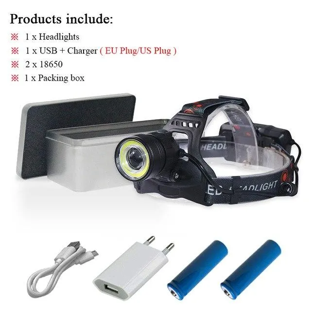 LED Headlamp usb xml t6 zoom cob Headlight Camping Head Torch waterproof Head Lantern Lamp linterna Head frontal 18650 battery