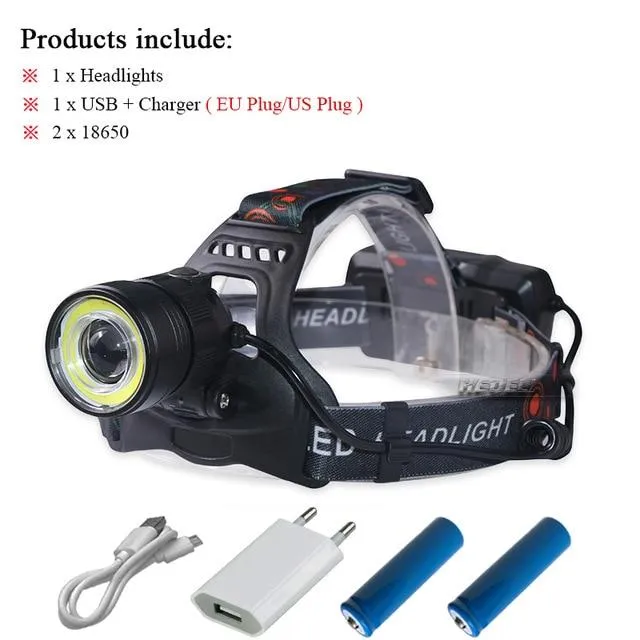 LED Headlamp usb xml t6 zoom cob Headlight Camping Head Torch waterproof Head Lantern Lamp linterna Head frontal 18650 battery