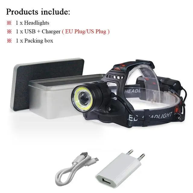 LED Headlamp usb xml t6 zoom cob Headlight Camping Head Torch waterproof Head Lantern Lamp linterna Head frontal 18650 battery