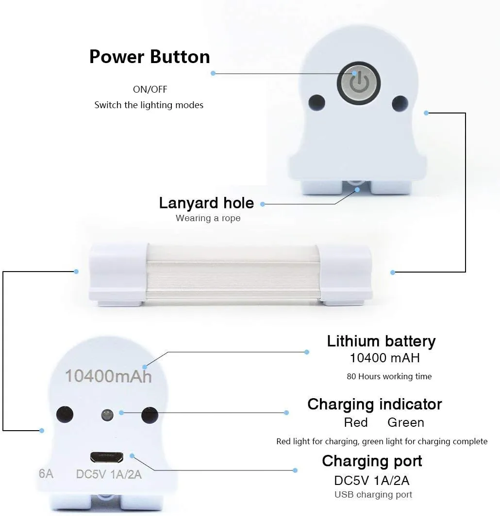 LETOUR LED Tube Magnetic Light Work Lights 6000Lumens 10400mAh 5 Lighting Options Camping Lantern USB Rechargeable Portable Battery Powered Lights with 2 Magnets Endurance for 80 Hours