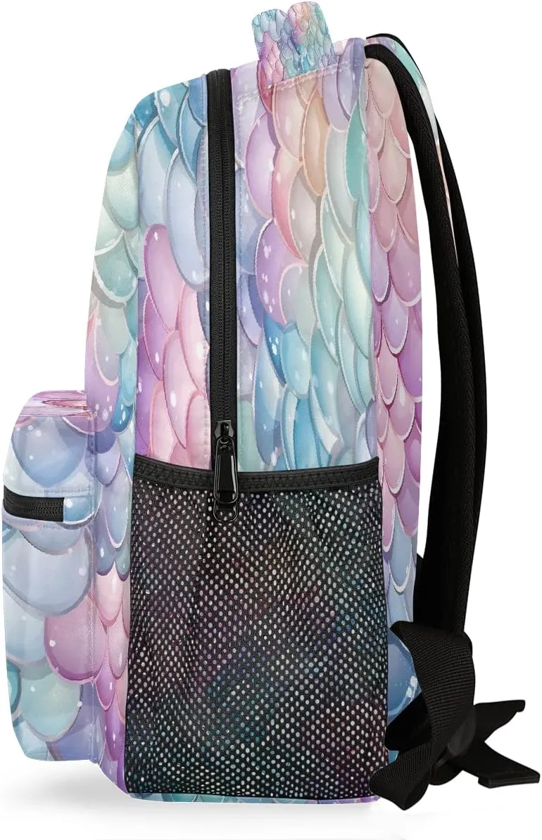 Lightweight Travel Backpack, Cute Sea Mermaid Fish Scales Large Capacity Bookbag, Waterproof Travel Bag Casual Daypack for Men Women Adults