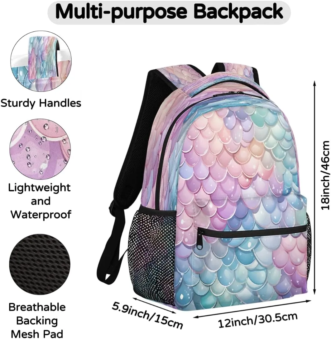 Lightweight Travel Backpack, Cute Sea Mermaid Fish Scales Large Capacity Bookbag, Waterproof Travel Bag Casual Daypack for Men Women Adults