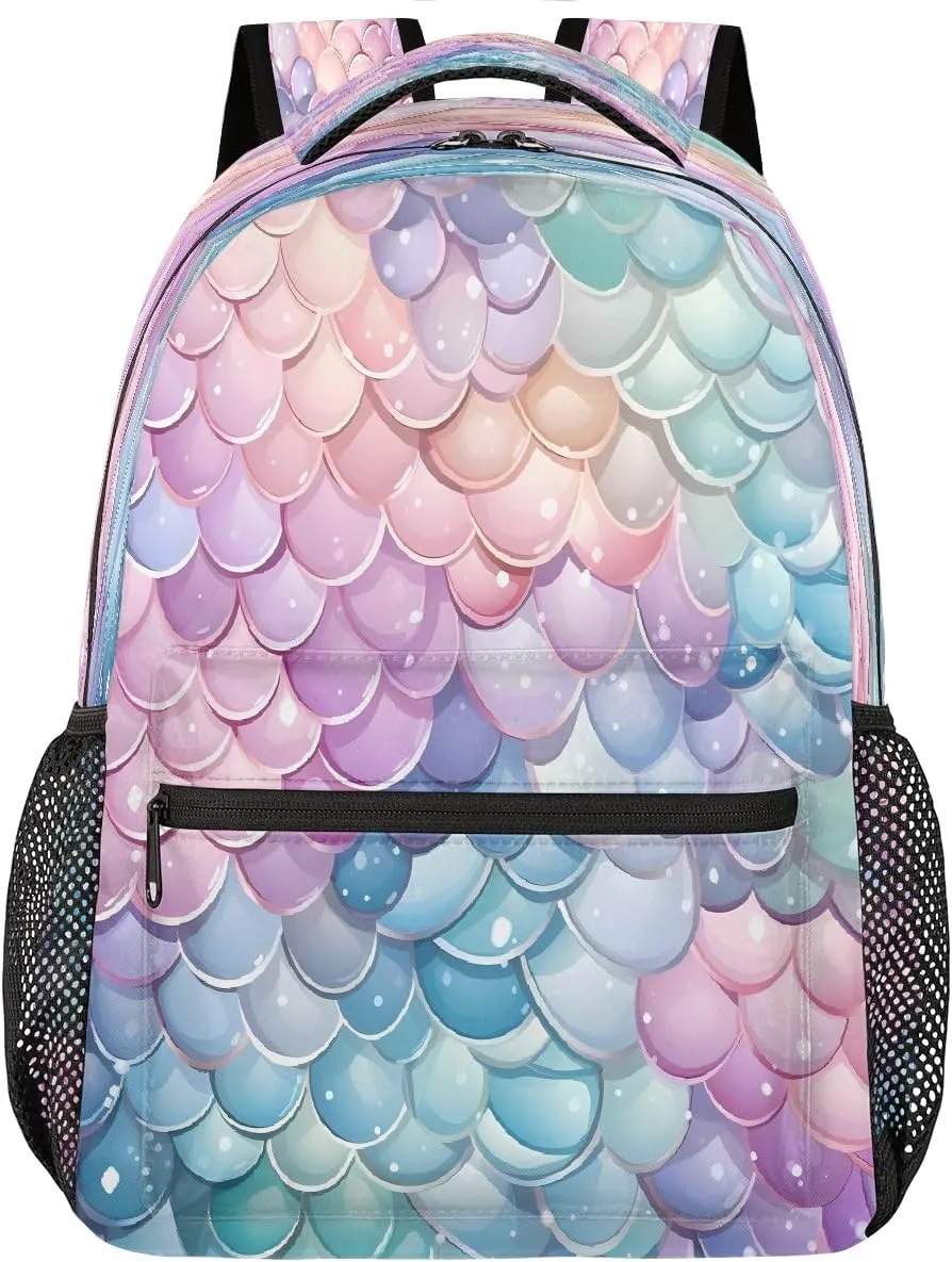 Lightweight Travel Backpack, Cute Sea Mermaid Fish Scales Large Capacity Bookbag, Waterproof Travel Bag Casual Daypack for Men Women Adults