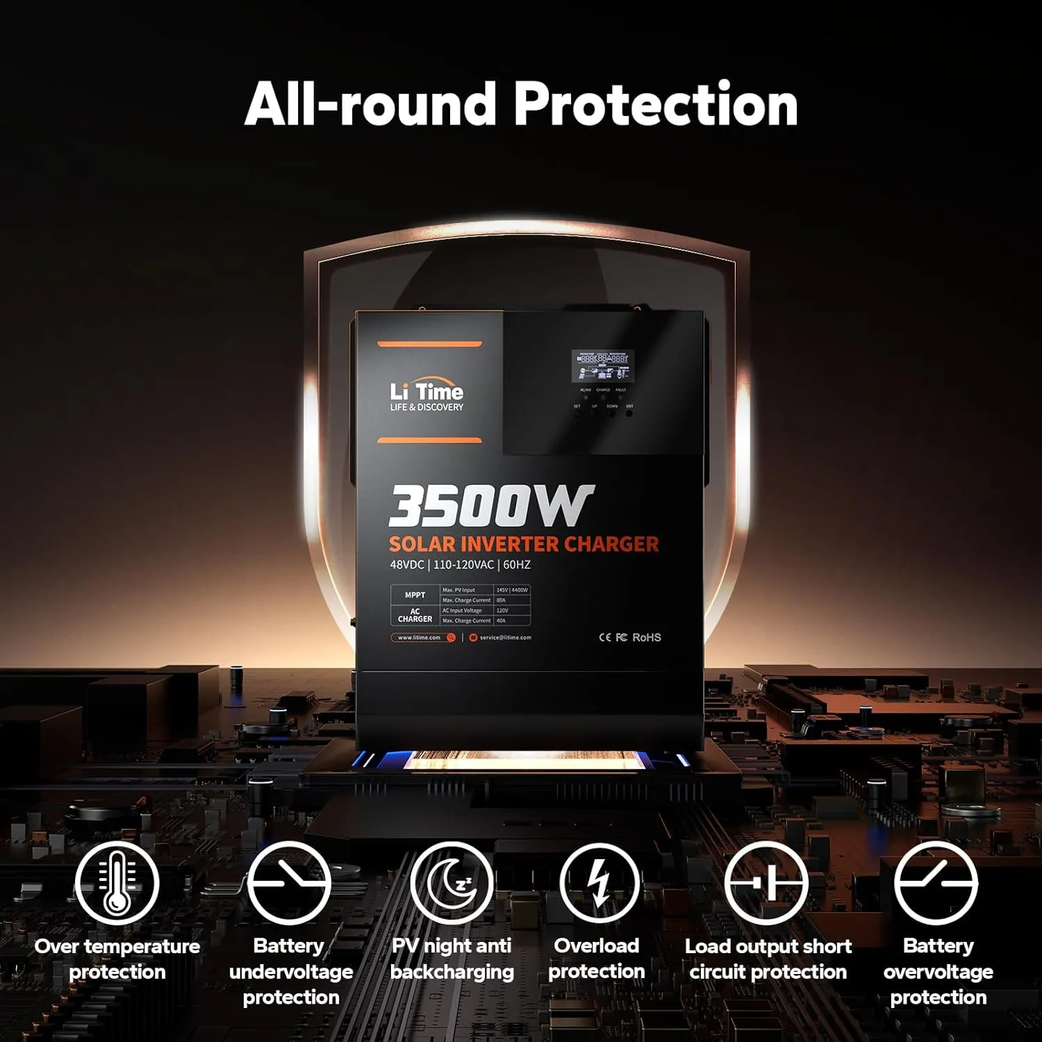 LiTime 3500W Pure Sine Wave Solar Inverter Charger, 48V DC to 120V AC All-in-One Solar Inverter, Built in 80A MPPT Charge Controller, for 48V Lead Acid/LiFePO4 Battery, Home Energy Storage, Off-Grid