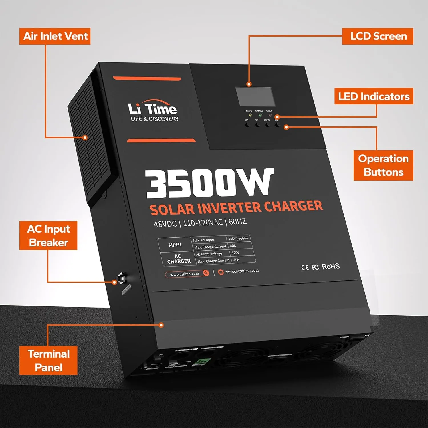 LiTime 3500W Pure Sine Wave Solar Inverter Charger, 48V DC to 120V AC All-in-One Solar Inverter, Built in 80A MPPT Charge Controller, for 48V Lead Acid/LiFePO4 Battery, Home Energy Storage, Off-Grid