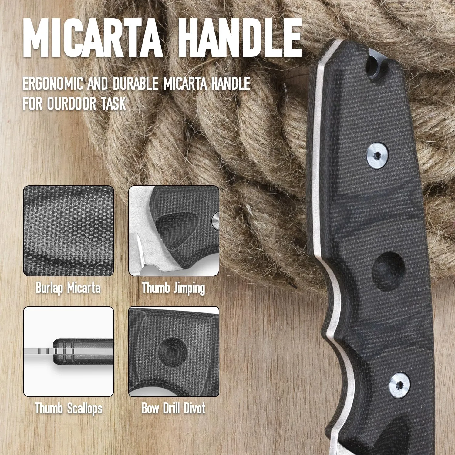 LYNXGEAR Fixed Blade Knife with Sheath, 4.5" D2 Blade Hunting Knife with Black Micarta Handle, Perfect EDC Survival Bushcraft Beltknife for Men Women