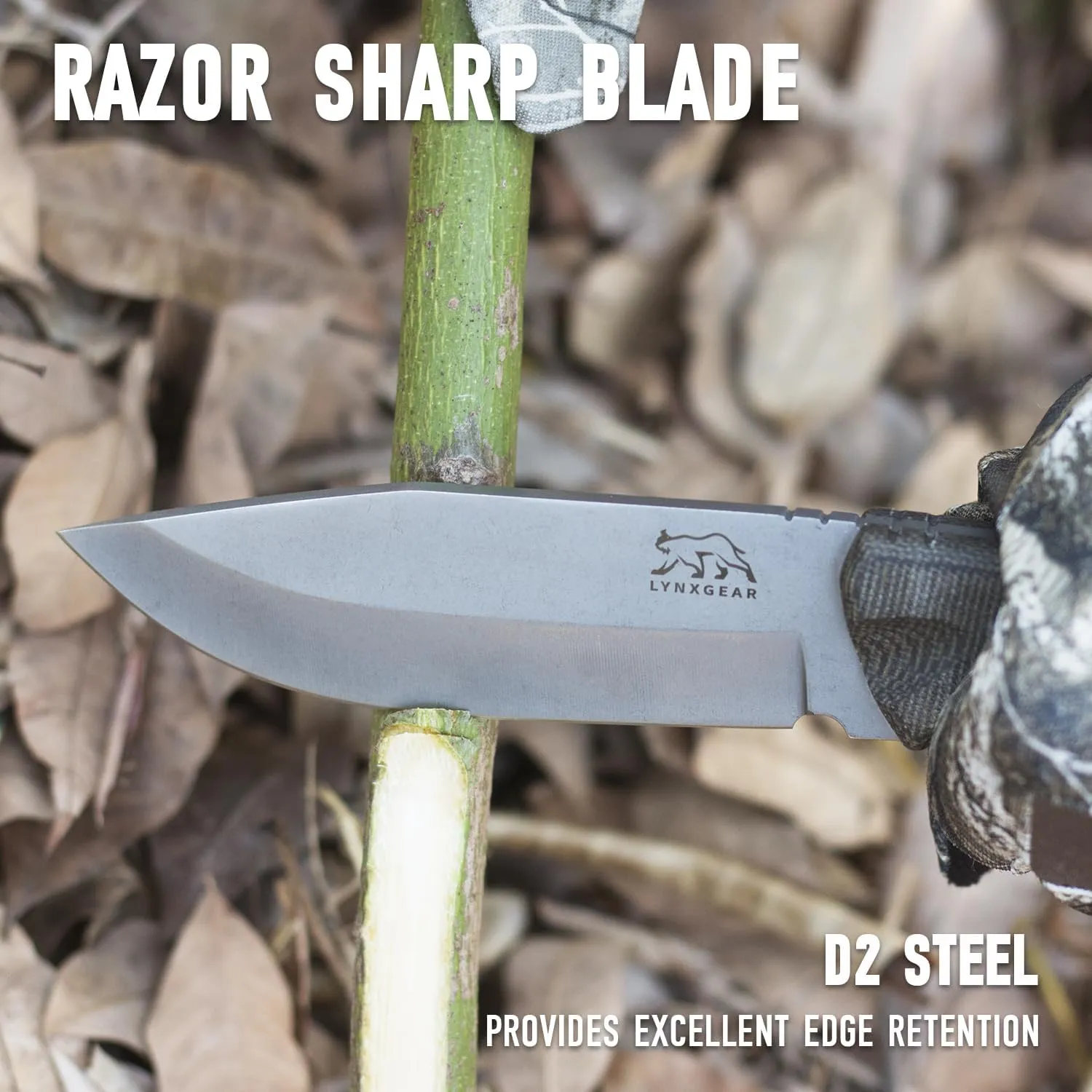 LYNXGEAR Fixed Blade Knife with Sheath, 4.5" D2 Blade Hunting Knife with Black Micarta Handle, Perfect EDC Survival Bushcraft Beltknife for Men Women