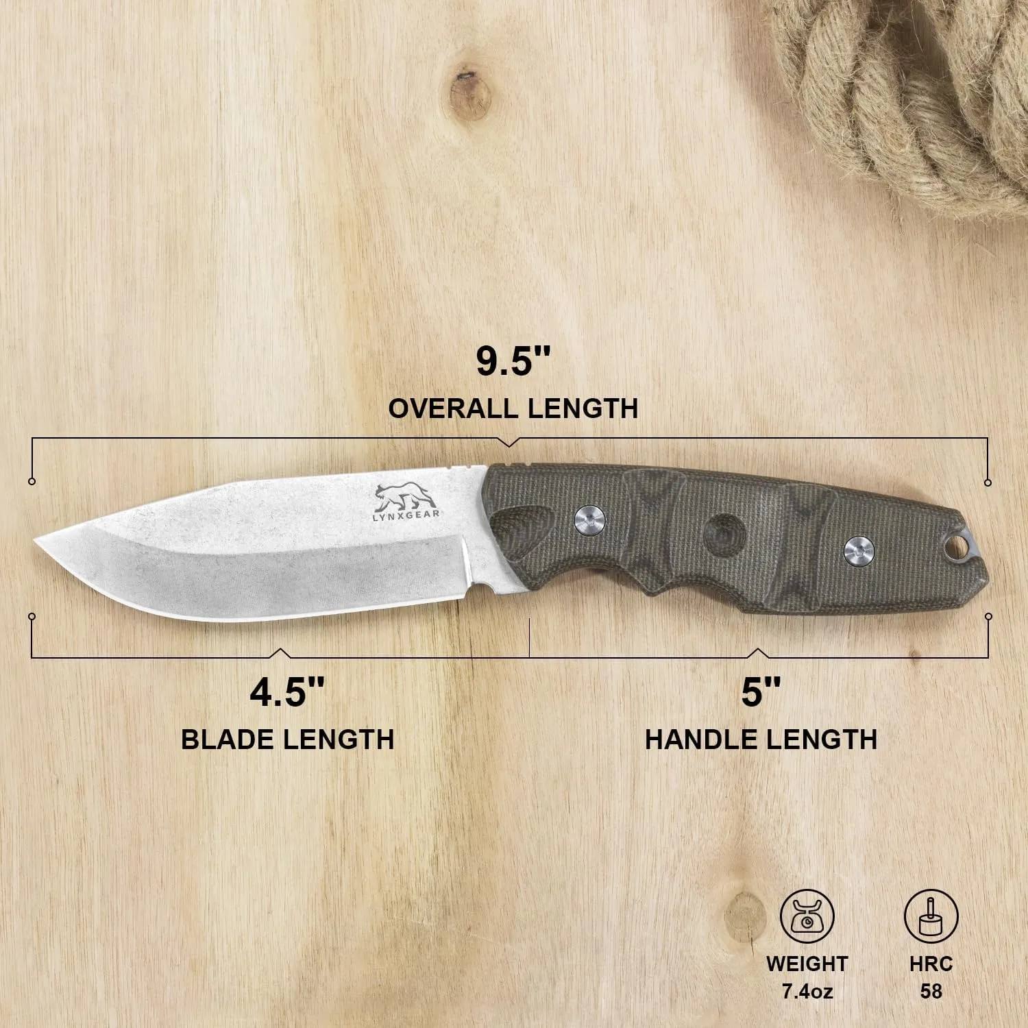 LYNXGEAR Fixed Blade Knife with Sheath, 4.5" D2 Blade Hunting Knife with Black Micarta Handle, Perfect EDC Survival Bushcraft Beltknife for Men Women