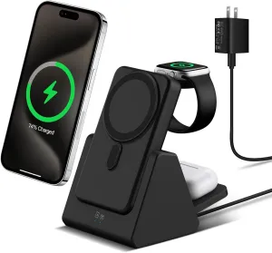 Mag-Safe Charger Wireless Charging Station: 3 in 1 10000mAh Portable Power Bank Compatible for iPhone 16/15/14/13/12 Series and Apple Watch - Magnetic Charging Stand Black