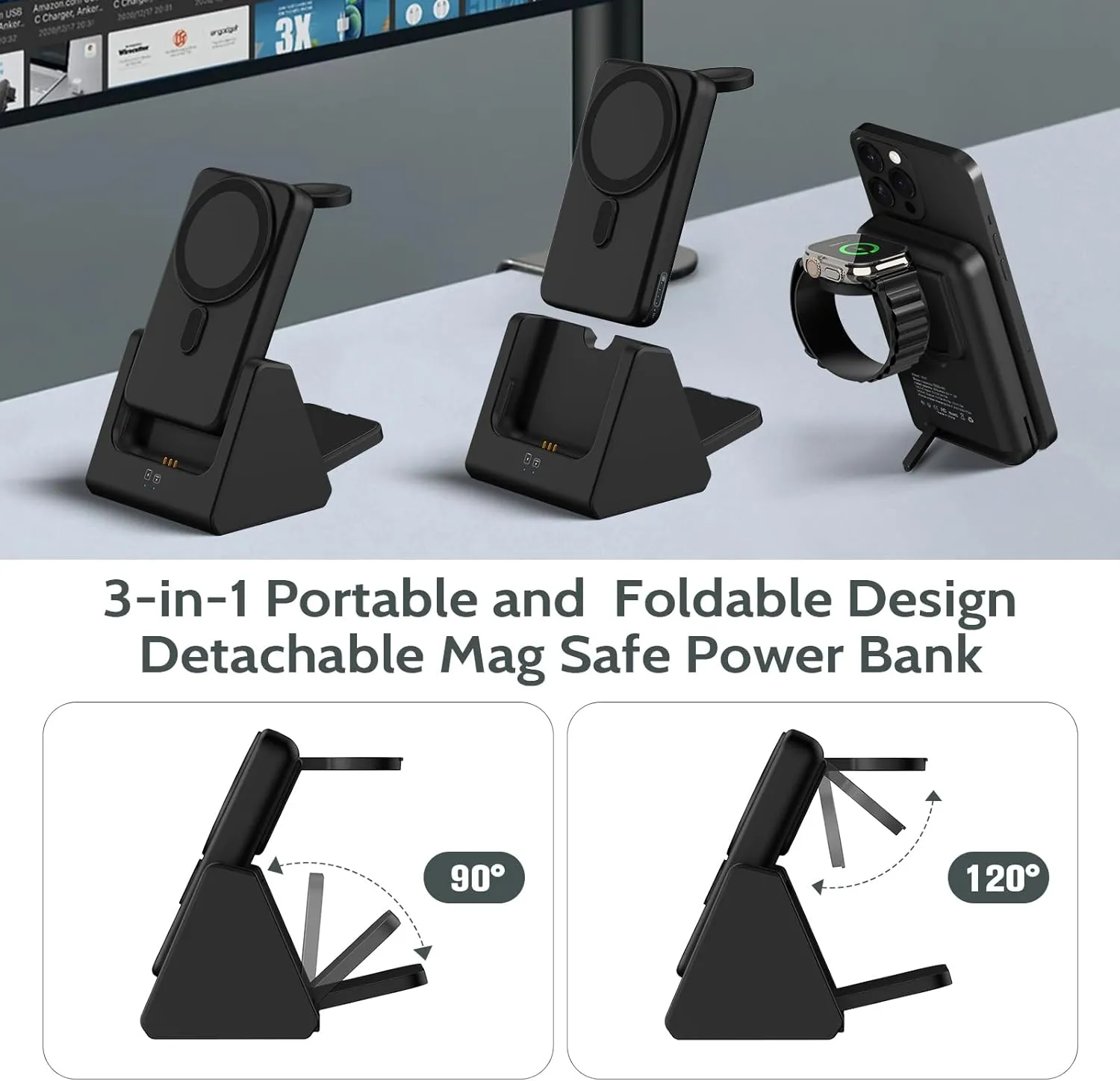 Mag-Safe Charger Wireless Charging Station: 3 in 1 10000mAh Portable Power Bank Compatible for iPhone 16/15/14/13/12 Series and Apple Watch - Magnetic Charging Stand Black