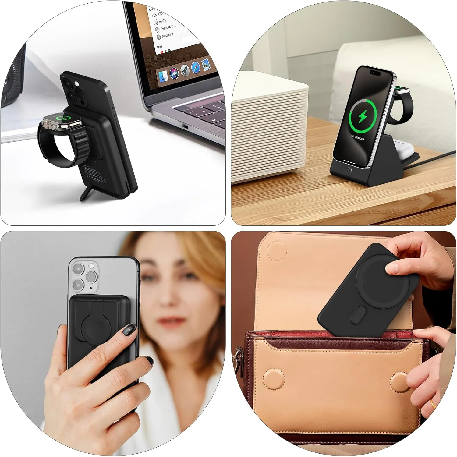 Mag-Safe Charger Wireless Charging Station: 3 in 1 10000mAh Portable Power Bank Compatible for iPhone 16/15/14/13/12 Series and Apple Watch - Magnetic Charging Stand Black