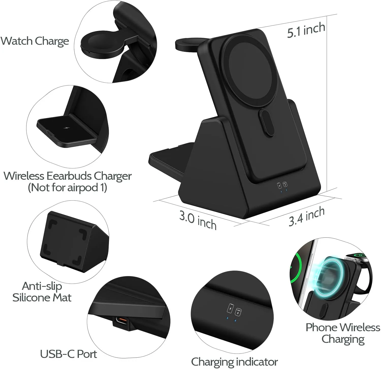 Mag-Safe Charger Wireless Charging Station: 3 in 1 10000mAh Portable Power Bank Compatible for iPhone 16/15/14/13/12 Series and Apple Watch - Magnetic Charging Stand Black
