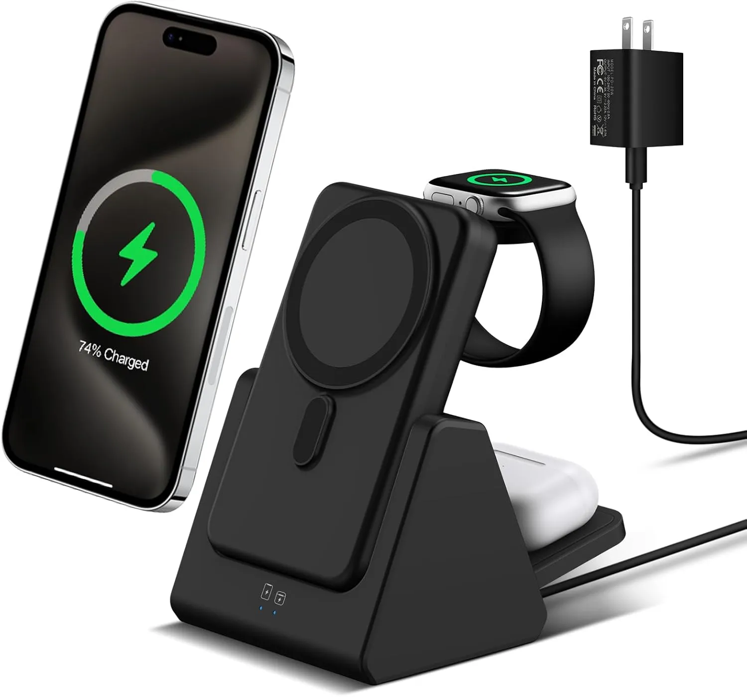 Mag-Safe Charger Wireless Charging Station: 3 in 1 10000mAh Portable Power Bank Compatible for iPhone 16/15/14/13/12 Series and Apple Watch - Magnetic Charging Stand Black