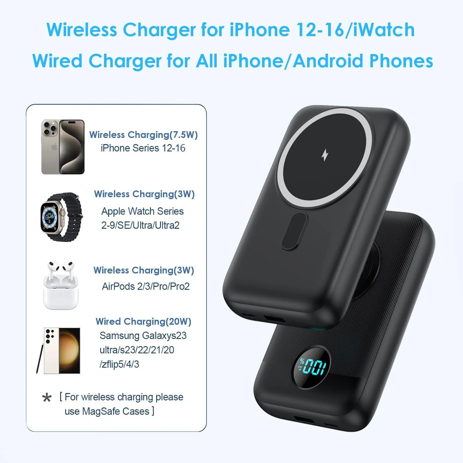 Magnetic Portable Charger 10800mAh,4-in-1 Wireless Power Bank with iWatch Charger, QC4.0 20W PD Fast Charging USB C Battery Pack with LCD Display for Magsafe,iPhone 16/15/14/13/12 Series,Apple Watch