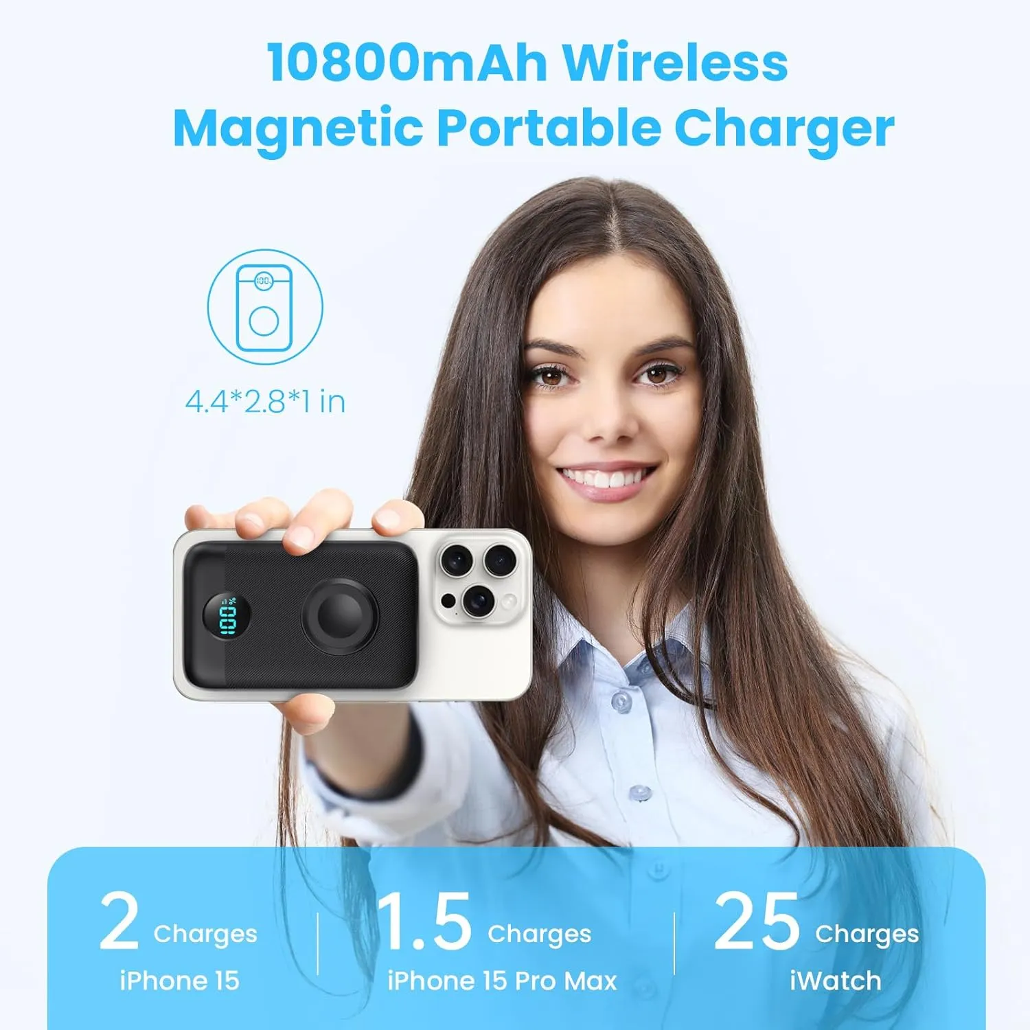 Magnetic Portable Charger 10800mAh,4-in-1 Wireless Power Bank with iWatch Charger, QC4.0 20W PD Fast Charging USB C Battery Pack with LCD Display for Magsafe,iPhone 16/15/14/13/12 Series,Apple Watch