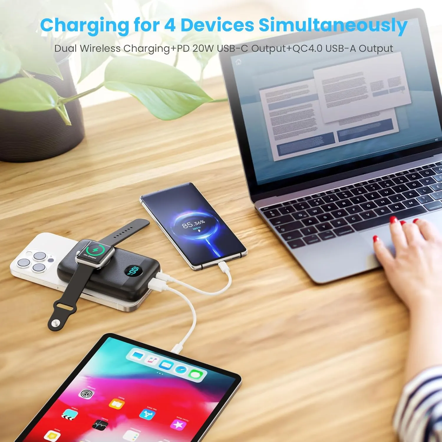 Magnetic Portable Charger 10800mAh,4-in-1 Wireless Power Bank with iWatch Charger, QC4.0 20W PD Fast Charging USB C Battery Pack with LCD Display for Magsafe,iPhone 16/15/14/13/12 Series,Apple Watch