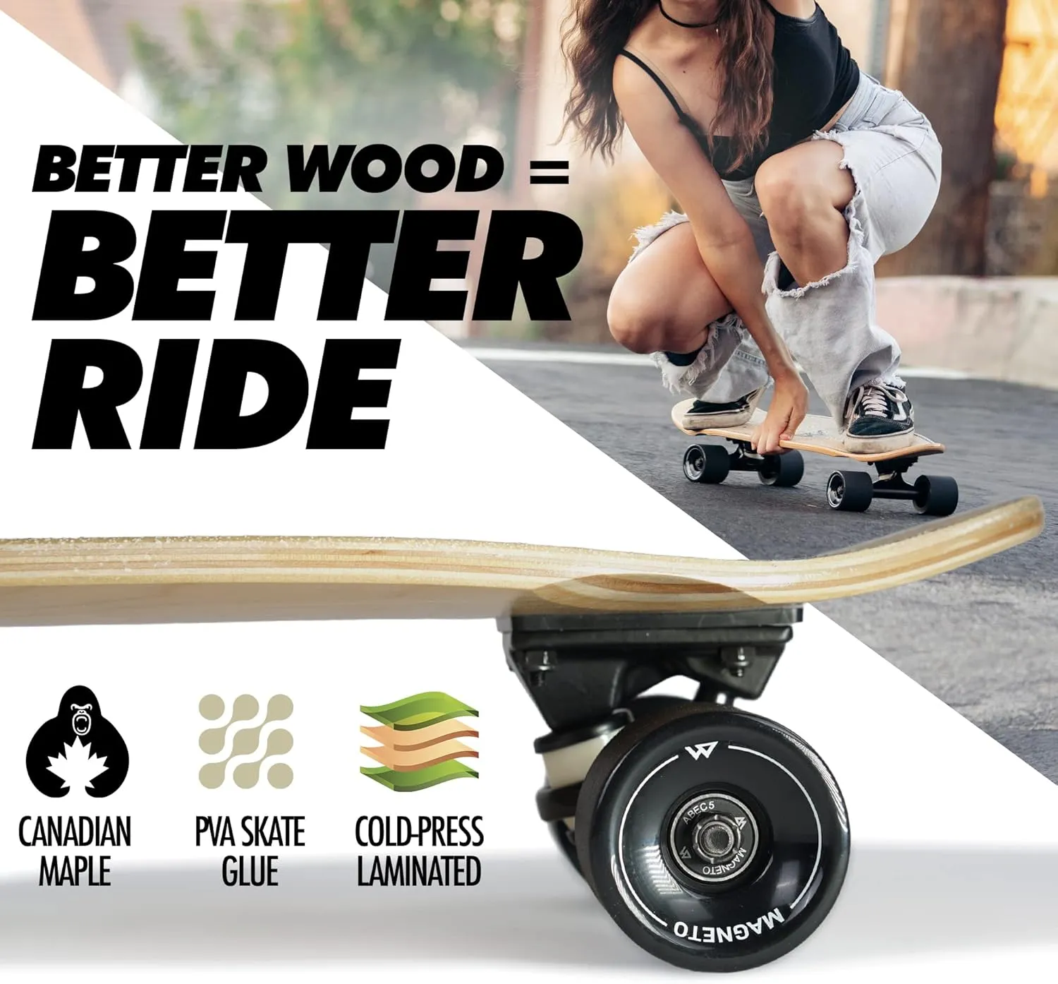 Magneto Complete Skateboard | 27.5" x 7.5" | Canadian Maple Wood | 60 MM Urethane Wheels | Double Kick Concave Deck | Kids Skateboard Cruiser Skateboards | Skateboard for Beginners, Teens & Adults
